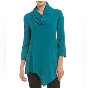 Ali Miles Blouse M Blue Cowl Neck Asymmetric Tunic Art Eclectic Boho